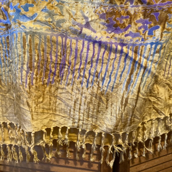Colorful Gold and Rustic Fringe Shawl/Wrap with Purple and Blue Graphic Designs - Picture 9 of 9